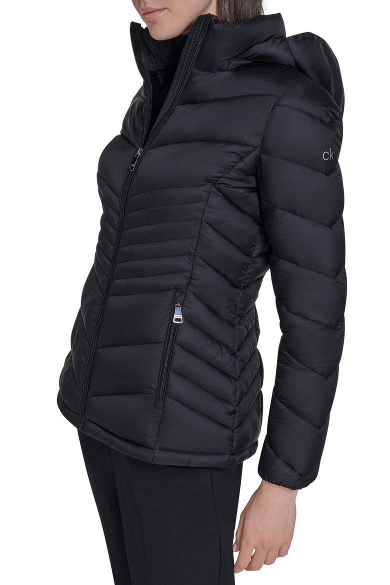 Water Resistant Chevron Quilted Puffer Jacket, Alternate, color, BLACK