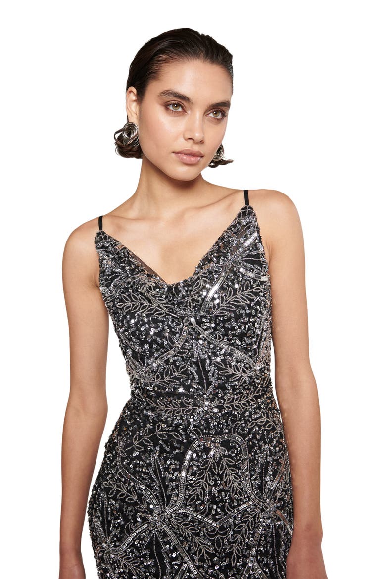 Occasion Embellished Sequin Beaded Cowl Neck Evening Dress, Alternate, color, BLACK