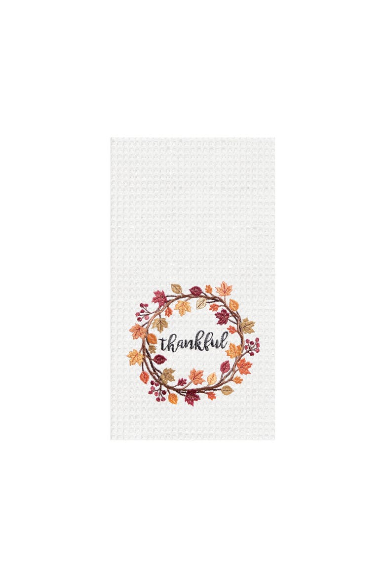 Thankful Wreath Embroidered Waffle Weave Kitchen Towel, Main, color, White