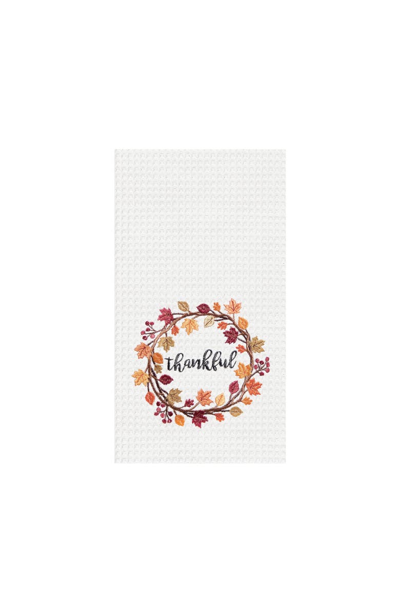 C&F Home Thankful Wreath Embroidered Waffle Weave Kitchen Towel, Main, color, White