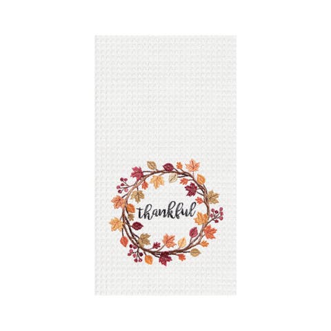 Thankful Wreath Embroidered Waffle Weave Kitchen Towel