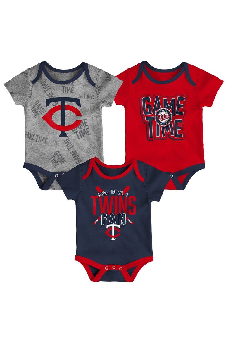 Newborn & Infant Minnesota Twins Navy/Red/Heathered Gray Game Time Three-Piece Bodysuit Set, Main, color, Navy