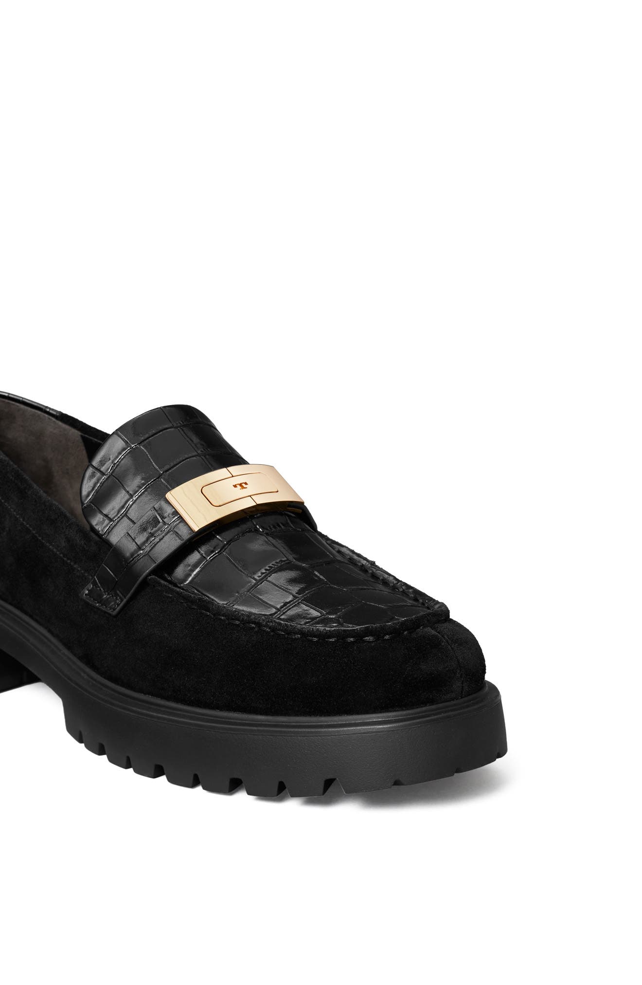 Leelee Croc Embossed Lug Loafer, Alternate, color, PERFECT BLACK / GOLD