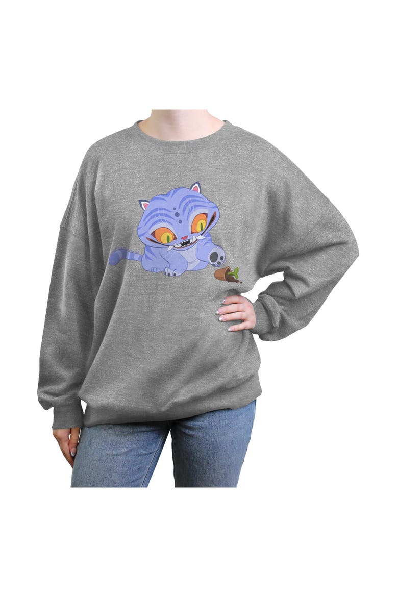 Junior's Mischievous Feline Flowerpot Sweatshirt, Main, color, Heather Gray
