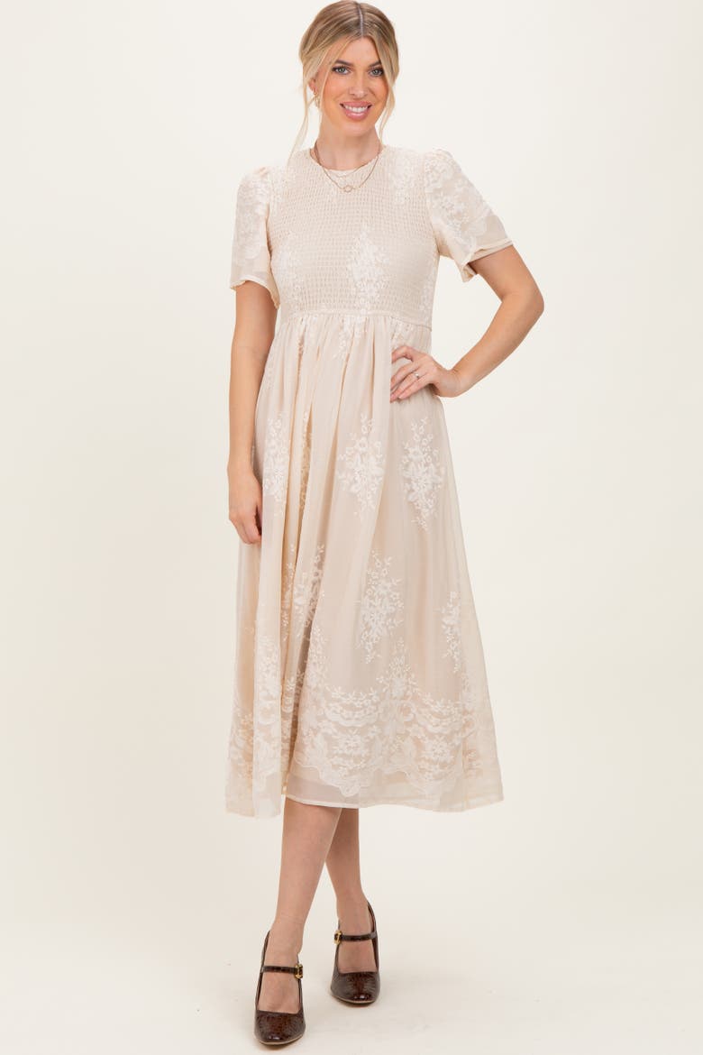 Embroidered Smocked Midi Dress, Alternate, color, Cream