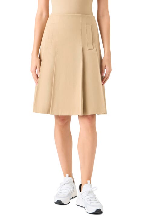 Pleated Cotton Twill A-Line Skirt