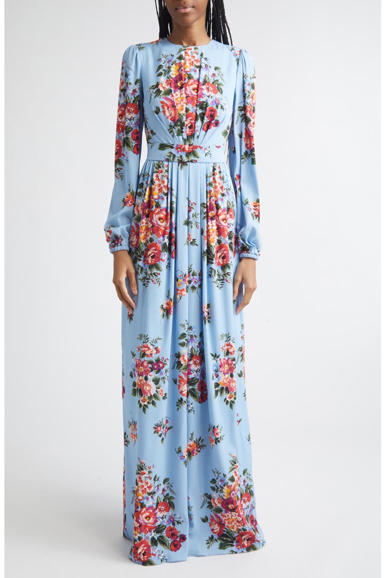 Flower Bouquet Print Long Sleeve Charmeuse Gown, Main, color, MAZZ.FIORI F.CELESTE
