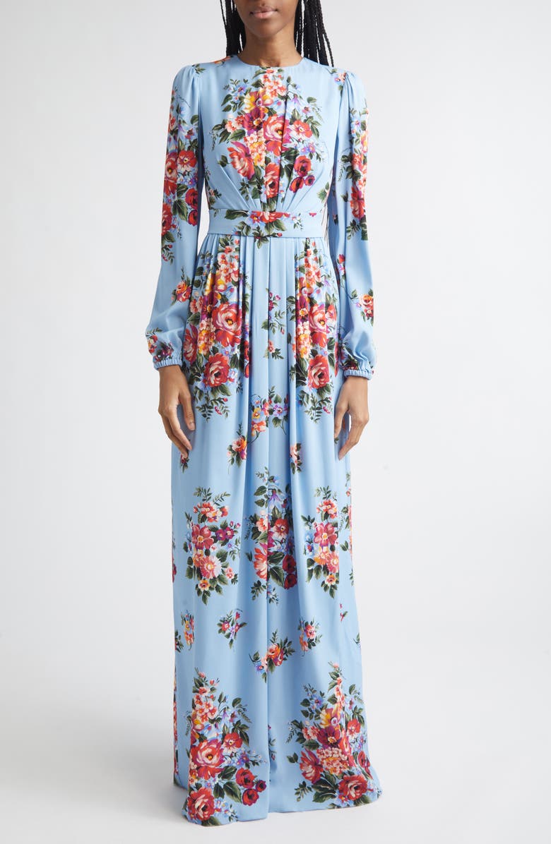 Dolce&Gabbana Flower Bouquet Print Long Sleeve Charmeuse Gown, Main, color, Mazz.fiori F.celeste