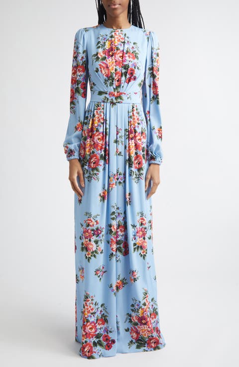 Flower Bouquet Print Long Sleeve Charmeuse Gown