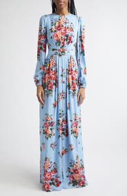 Dolce&Gabbana Flower Bouquet Print Long Sleeve Charmeuse Gown