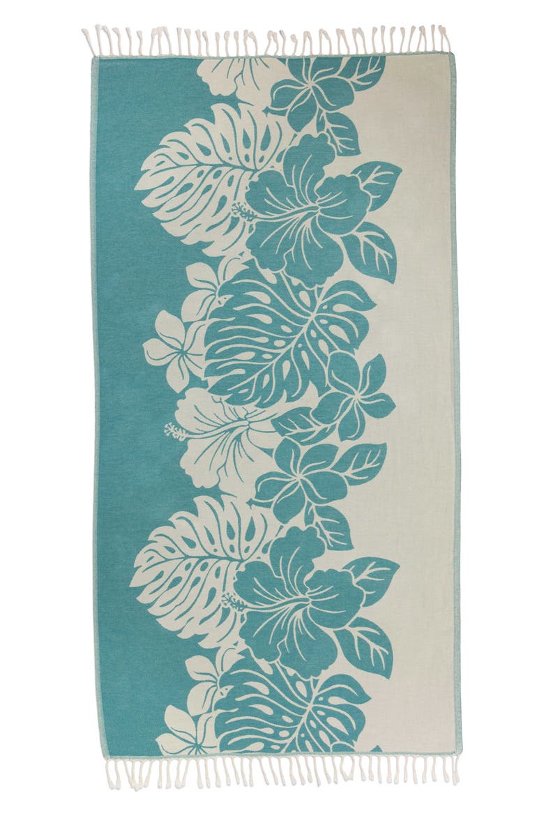 Hibiscus Flower Sand Resistant Organic Turkish Towel, Alternate, color, Aqua