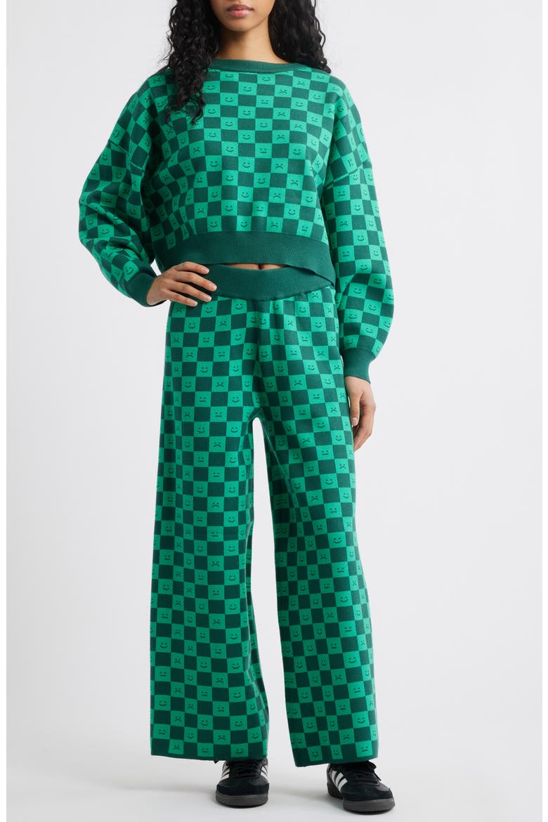 Lots of Feelings Checkerboard Knit Sweater & Wide Leg Pants Set, Main, color, GREEN CHECK