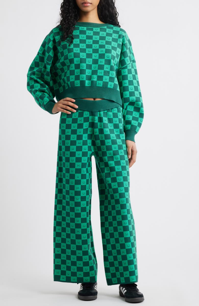 Dressed in Lala Lots of Feelings Checkerboard Knit Sweater & Wide Leg Pants Set, Main, color, Green Check