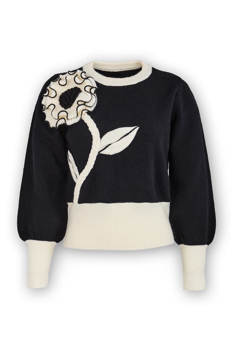 Ruffled Bloom Pullover Sweater, Main, color, BLACK