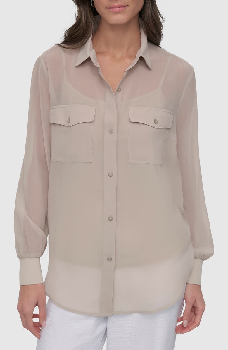 DKNY Chiffon Button-Up Shirt, Main, color, Pebble