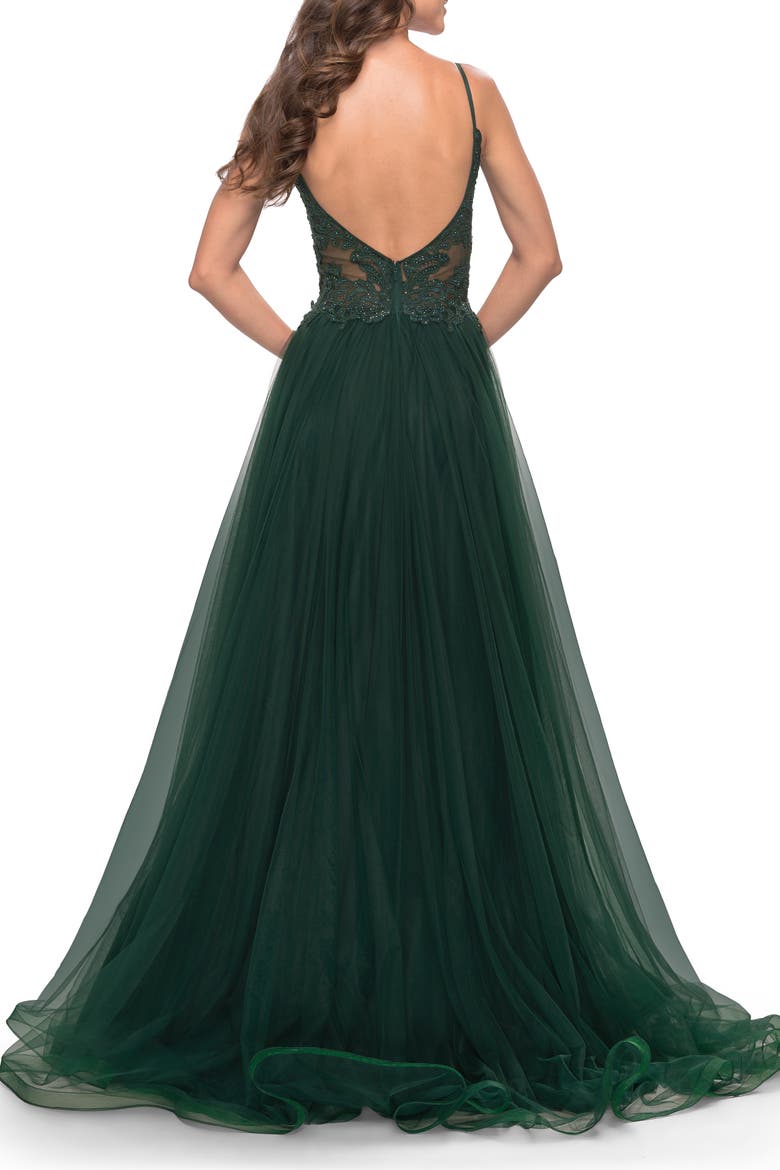 Tulle A-Line Gown with Lace Rhinestone Bodice, Alternate, color, Dark Emerald
