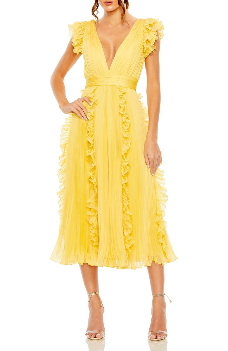 Mac Duggal Pleated Chiffon V Neck Ruffle Midi Dress, Main, color, Butter