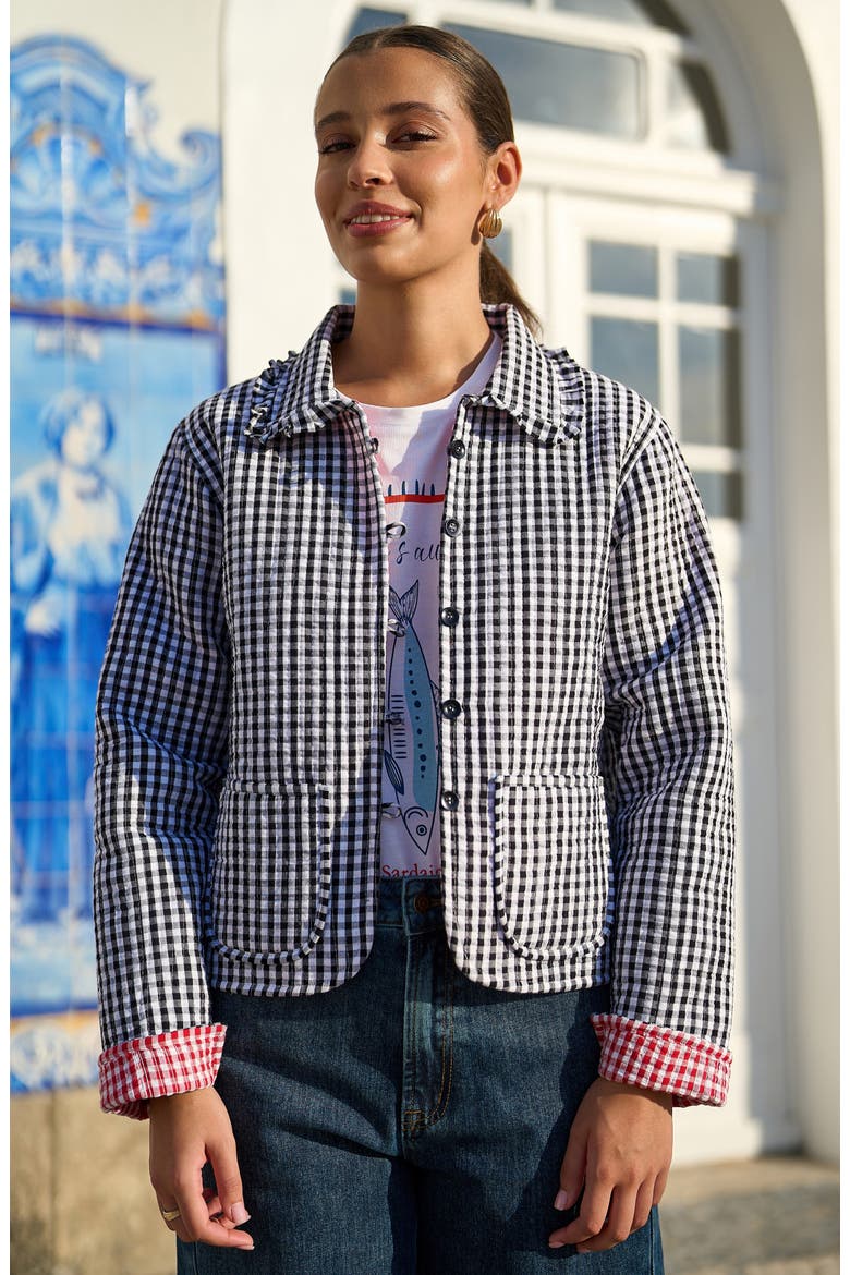 Gingham Frill Collar Jacket, Alternate, color, Black