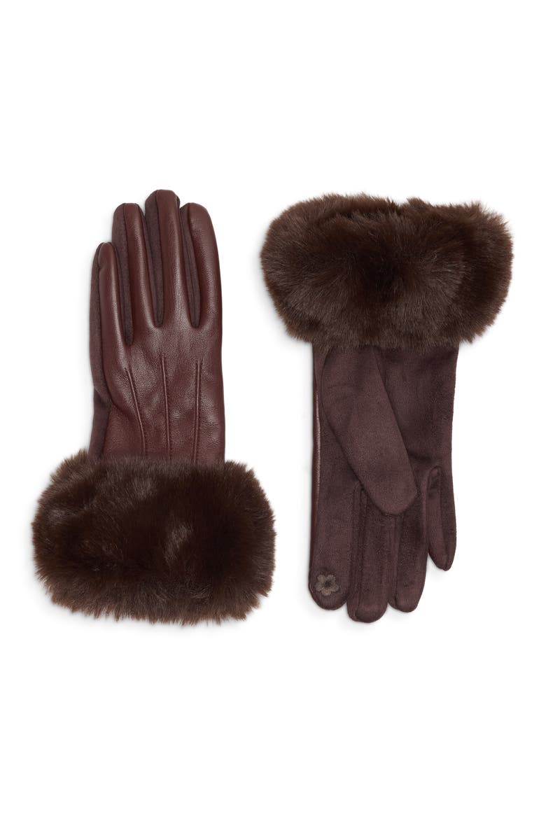 Faux Fur Trim Tech Gloves, Main, color, CHOCOLATE