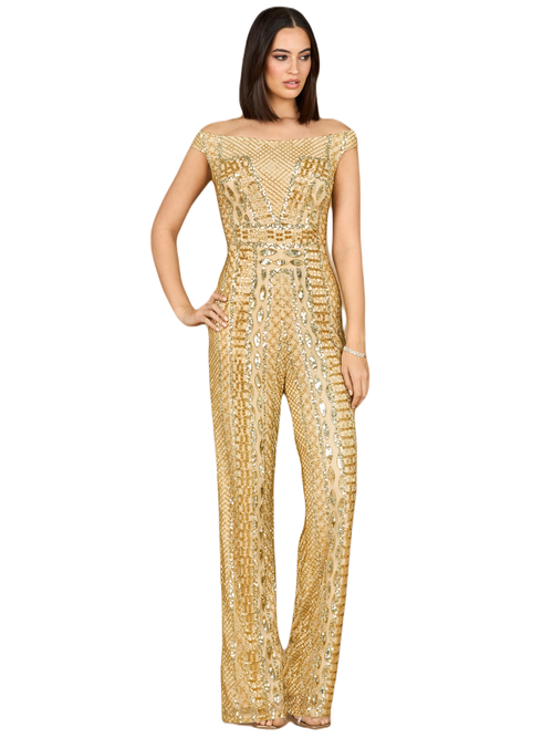 Lara New York Beaded Off Shoulder Jumpsuit In Gold