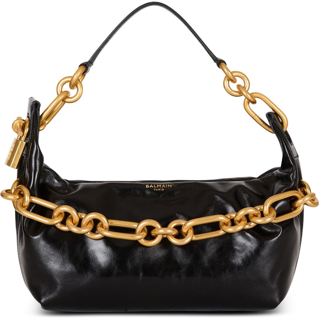 Balmain Medium Leather Shoulder Bag With Chain Strap In Black
