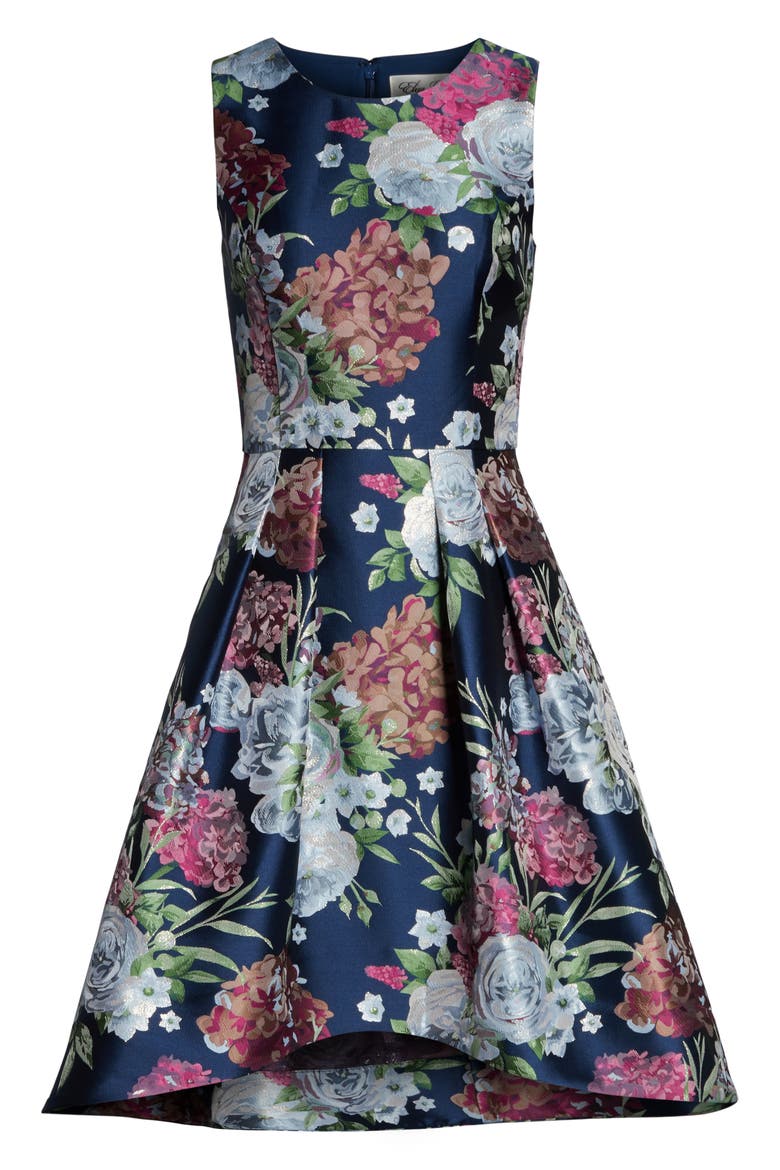 Floral Jacquard Fit & Flare Dress, Alternate, color, NAVY