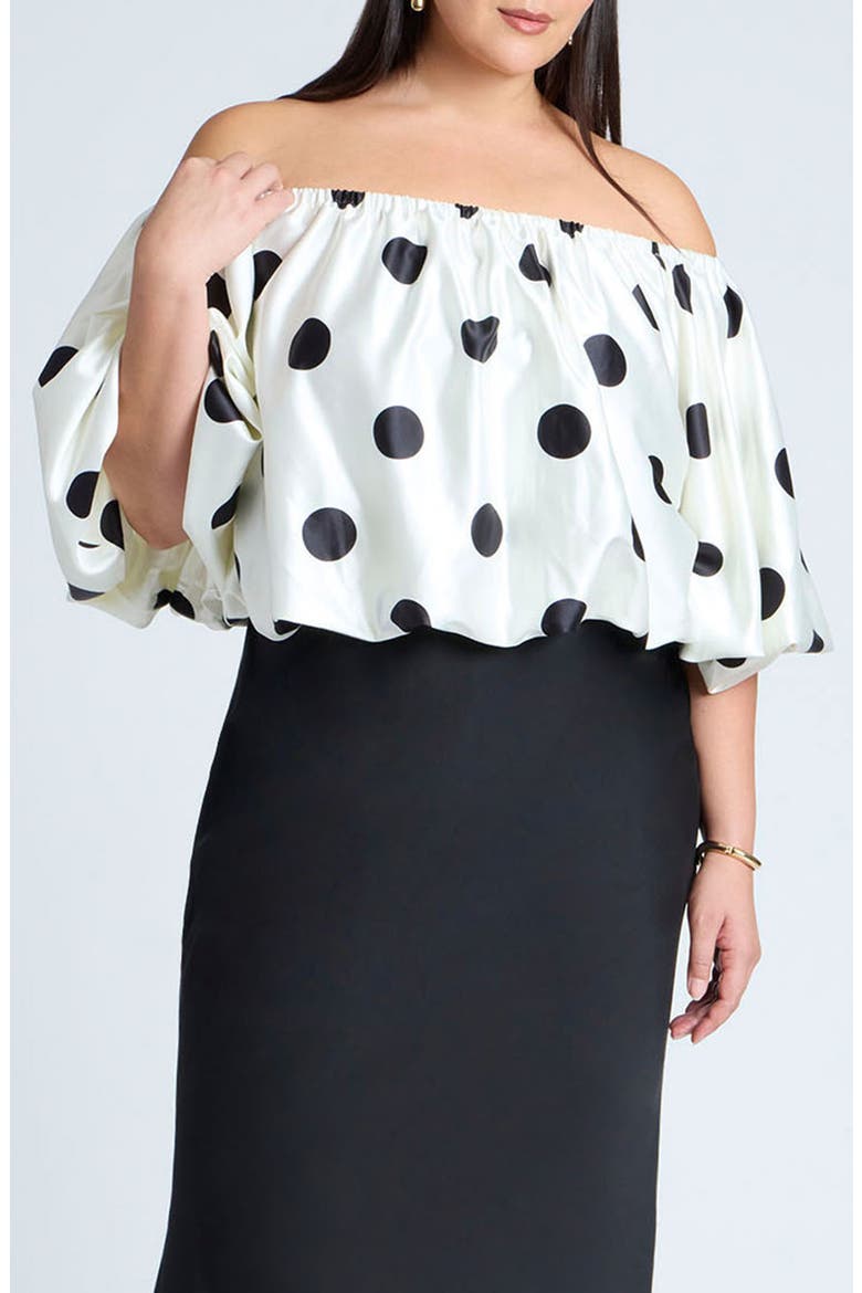 Polka Dot Off the Shoulder Satin Top, Alternate, color, BLACK AND WHITE