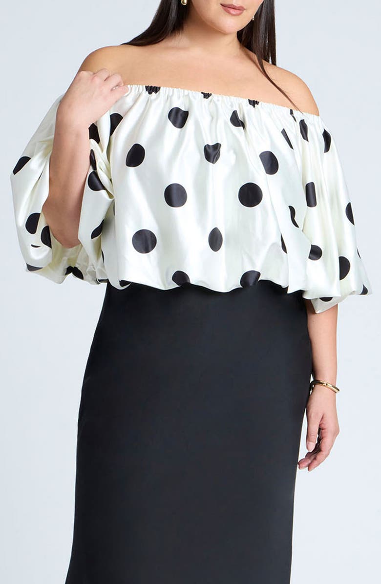 ELOQUII Polka Dot Off the Shoulder Satin Top, Alternate, color,