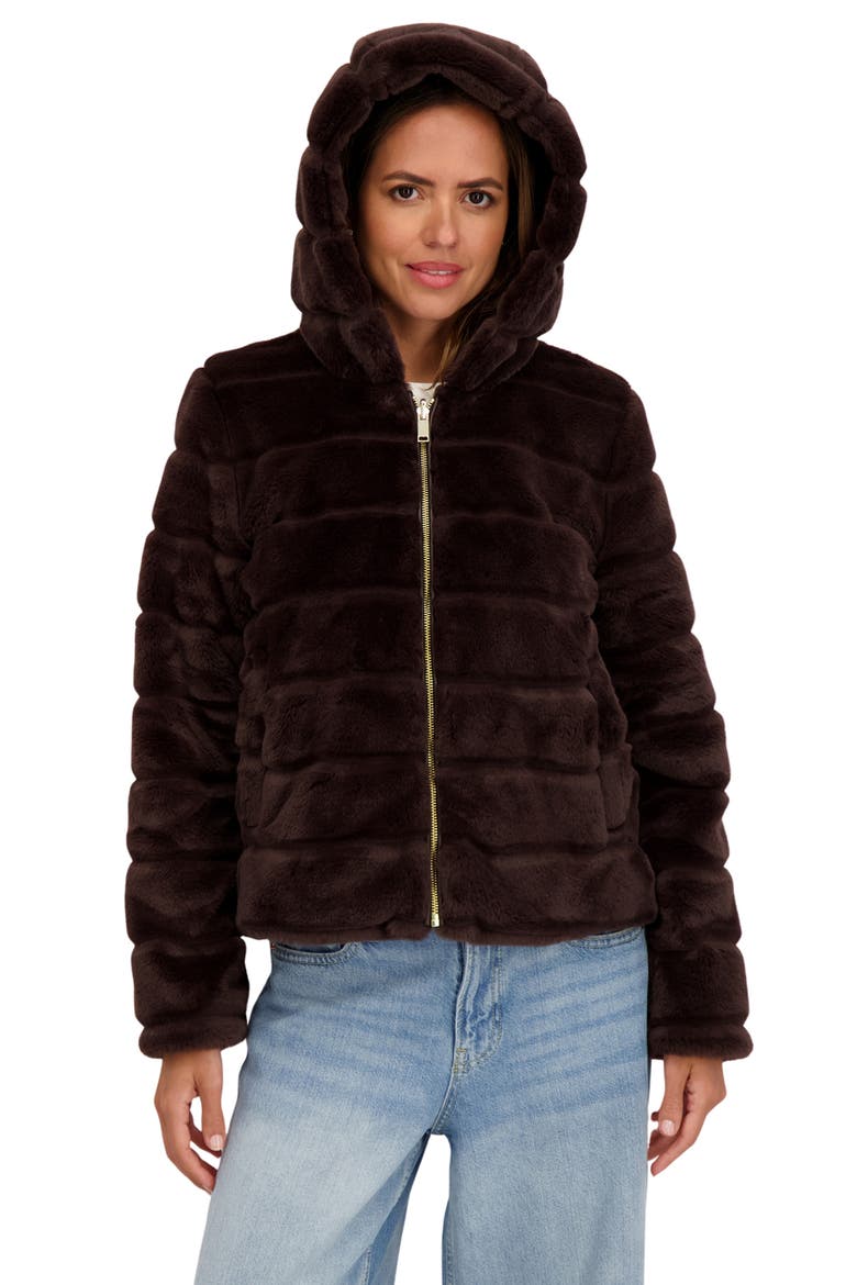 Hooded Faux Fur Jacket, Alternate, color, BROWN