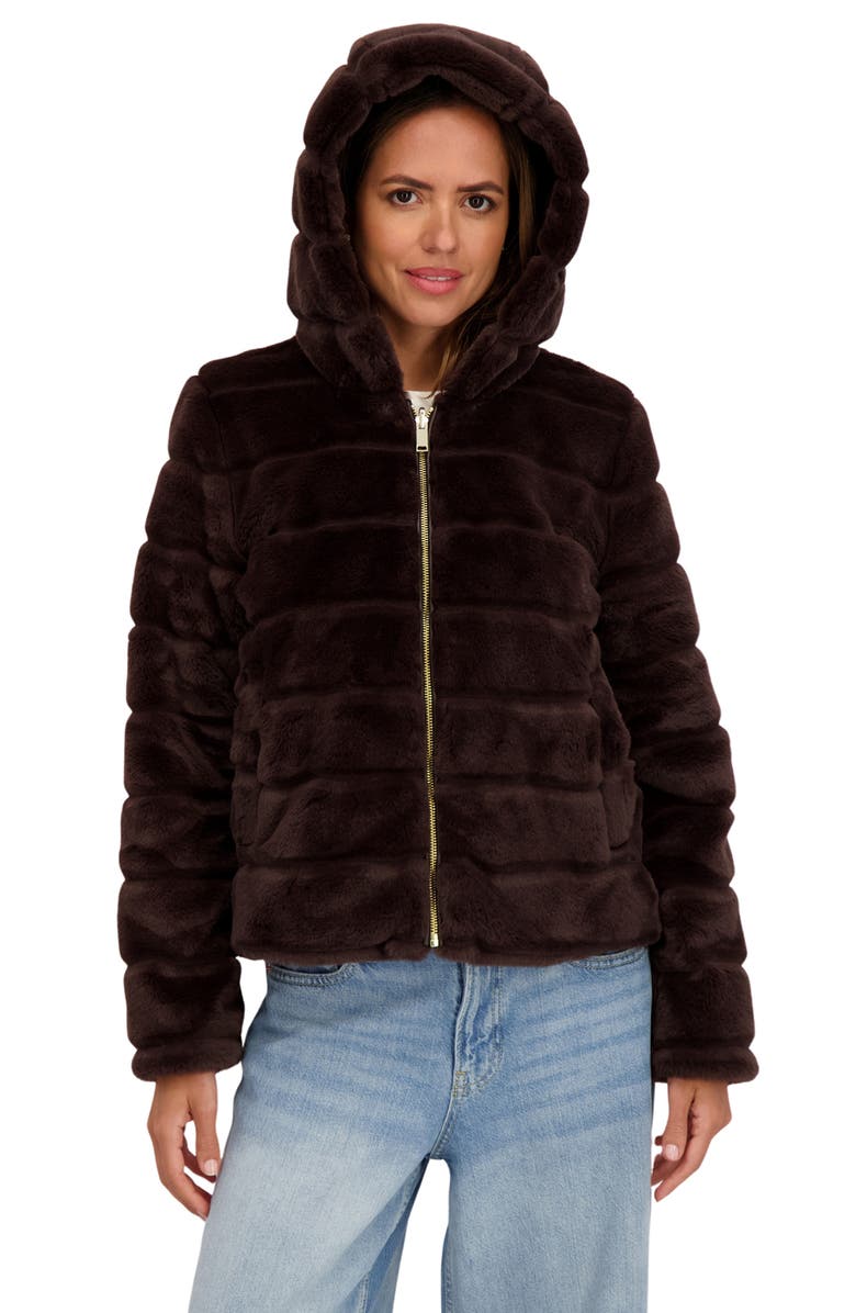 Sebby Hooded Faux Fur Jacket, Alternate, color, Brown