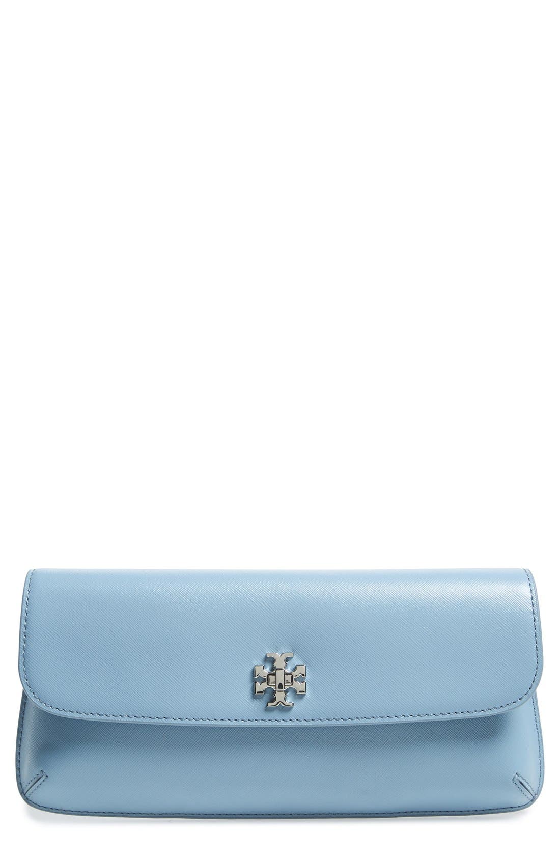 'Slim Diana' Saffiano Leather Flap Clutch, Main, color, BLUE CLOUD