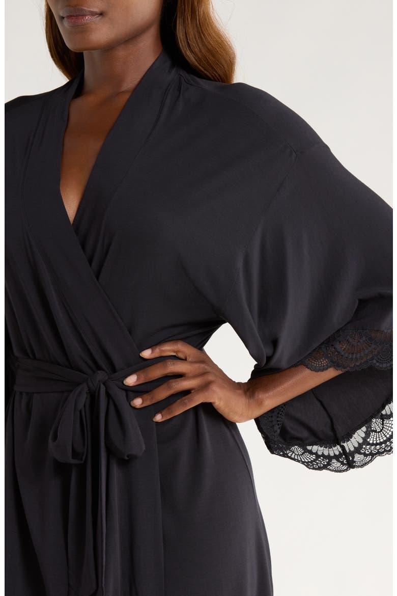 Mariana Lace Trim Jersey Robe, Alternate, color, BLACK
