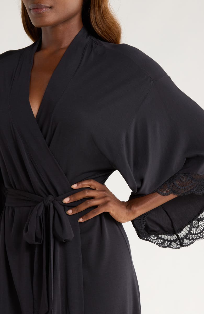 Eberjey Mariana Lace Trim Jersey Robe, Alternate, color, Black