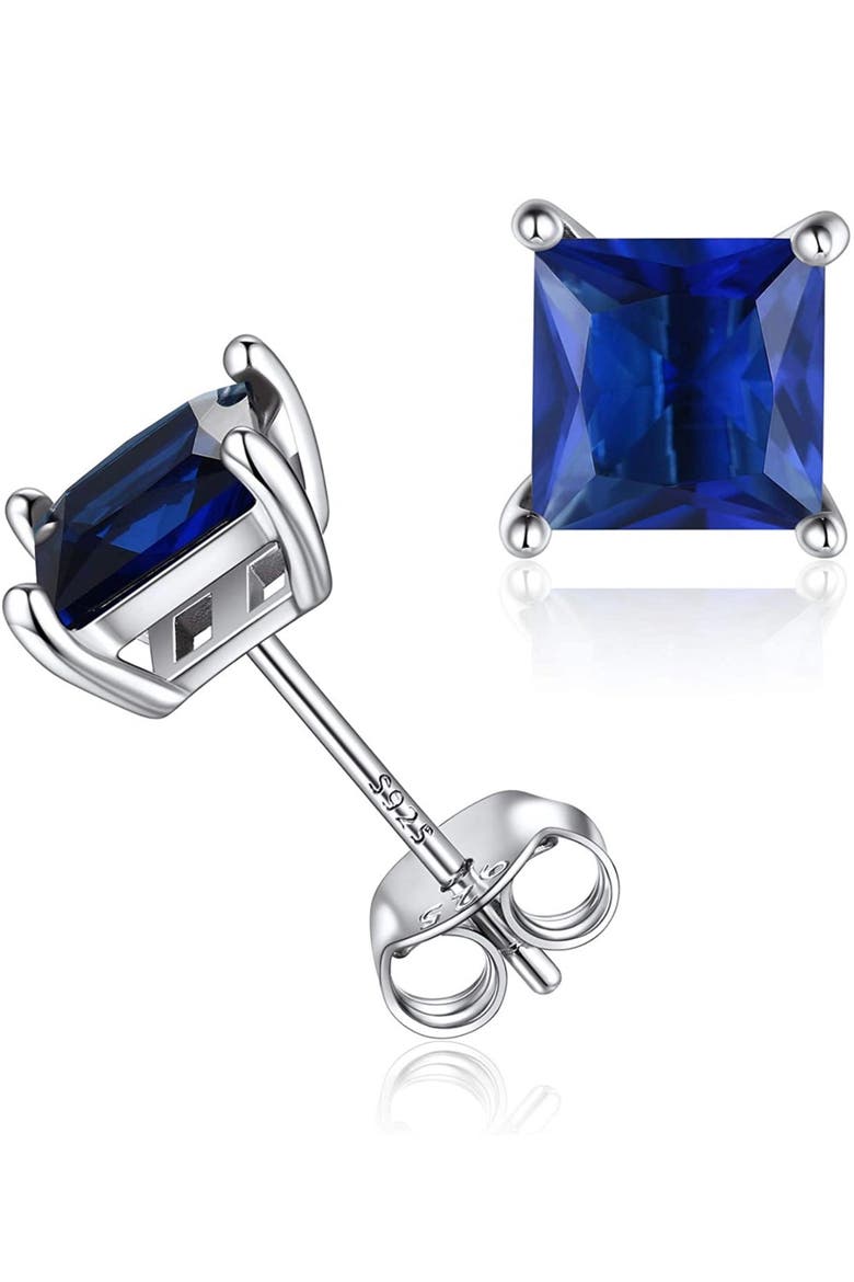 Sterling Silver Created Sapphire Square Studs, Main, color, Silver