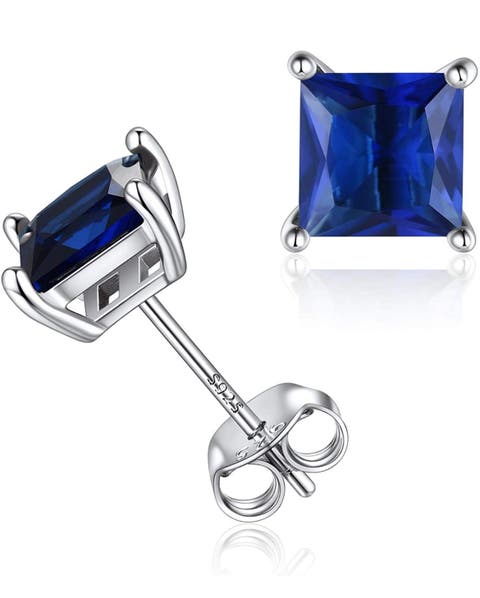 Sterling Silver Created Sapphire Square Studs