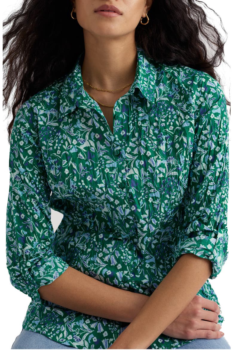 Larissa Crinkled Floral Organic Cotton Button-Up Shirt, Main, color, WOODLAND FLORAL DARK STEM