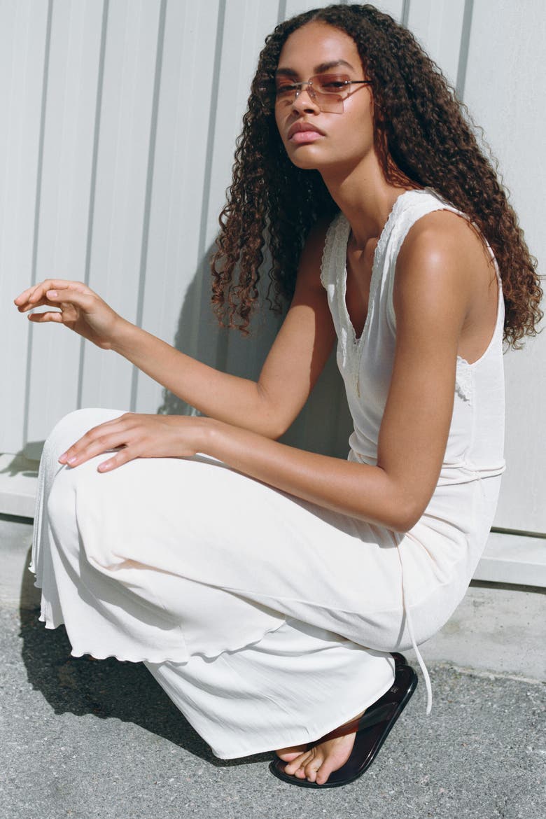 Lace-trimmed Tie-belt Dress, Main, color, Cream
