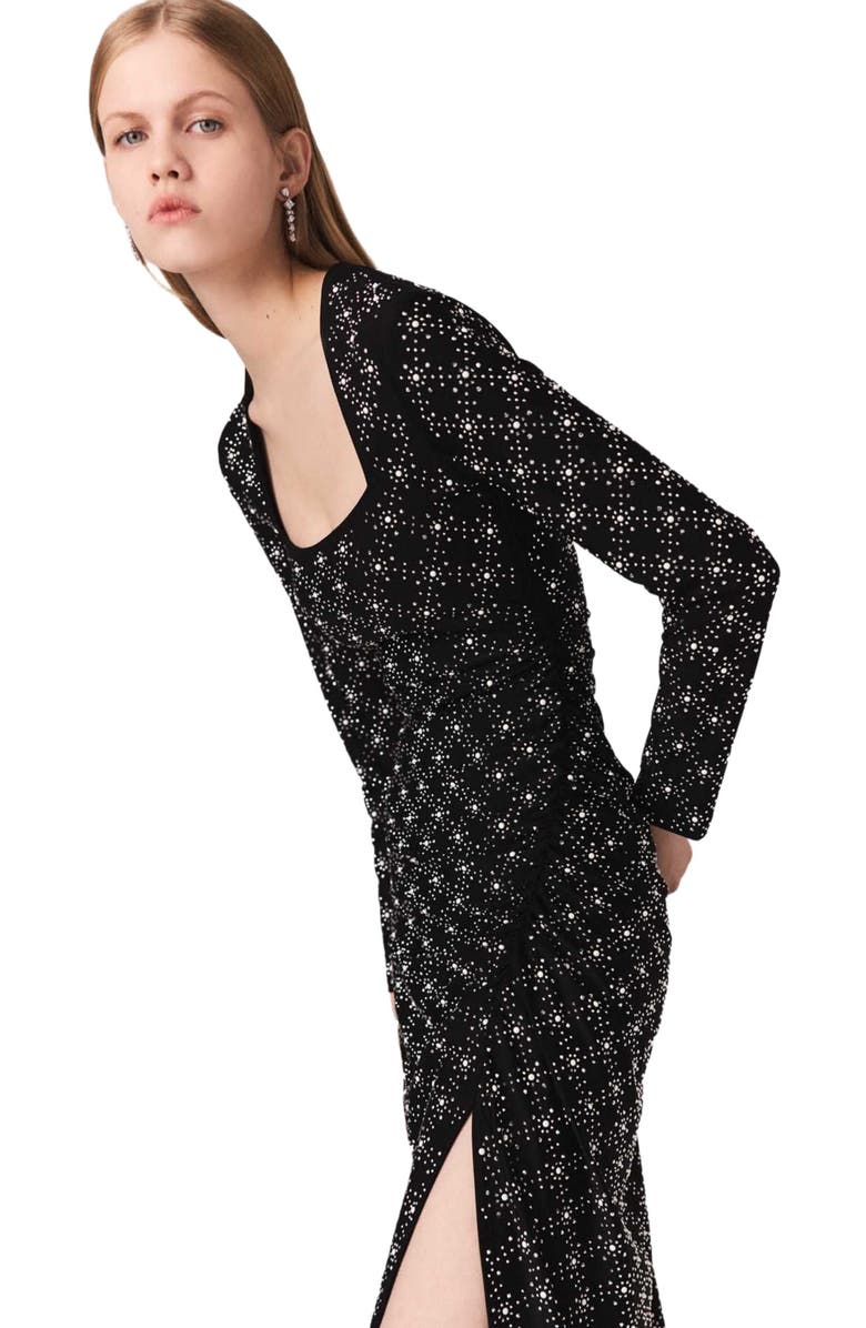 maje Beaded and rhinestone maxi dress, Alternate, color, Black