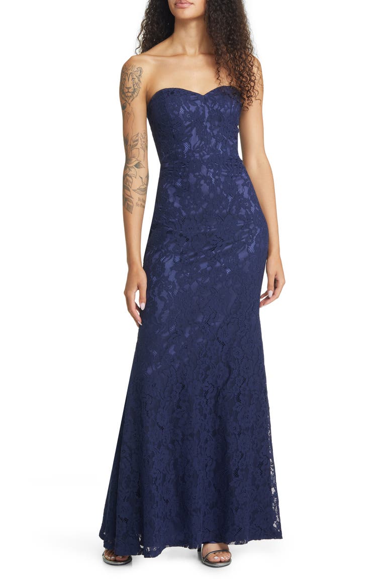 Wow the Crowd Strapless Lace Gown, Main, color, NAVY BLUE