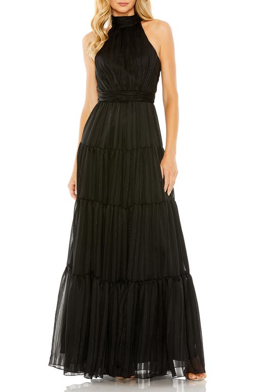 Mac Duggal Pleated Bodice Tiered Tie Neck Halter Gown In Black