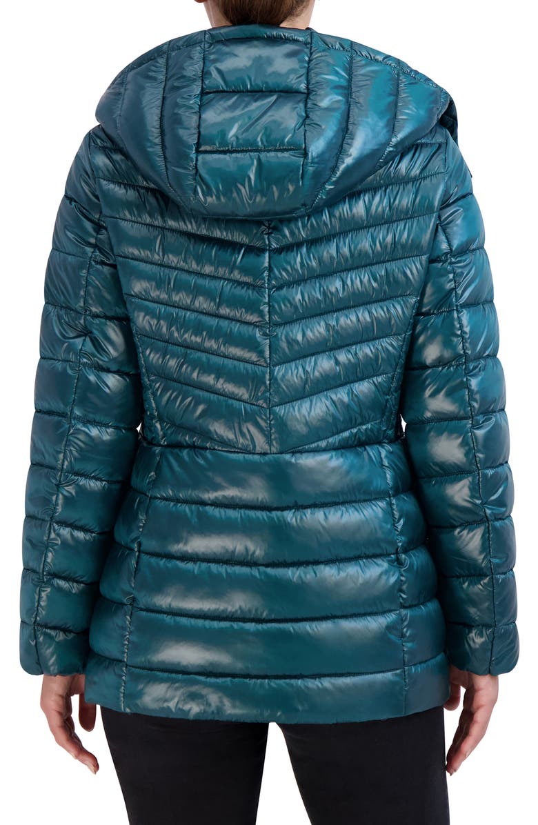 Cole Haan Pearlized Mixed Quilt Hooded Puffer Coat, Alternate, color, Emerald