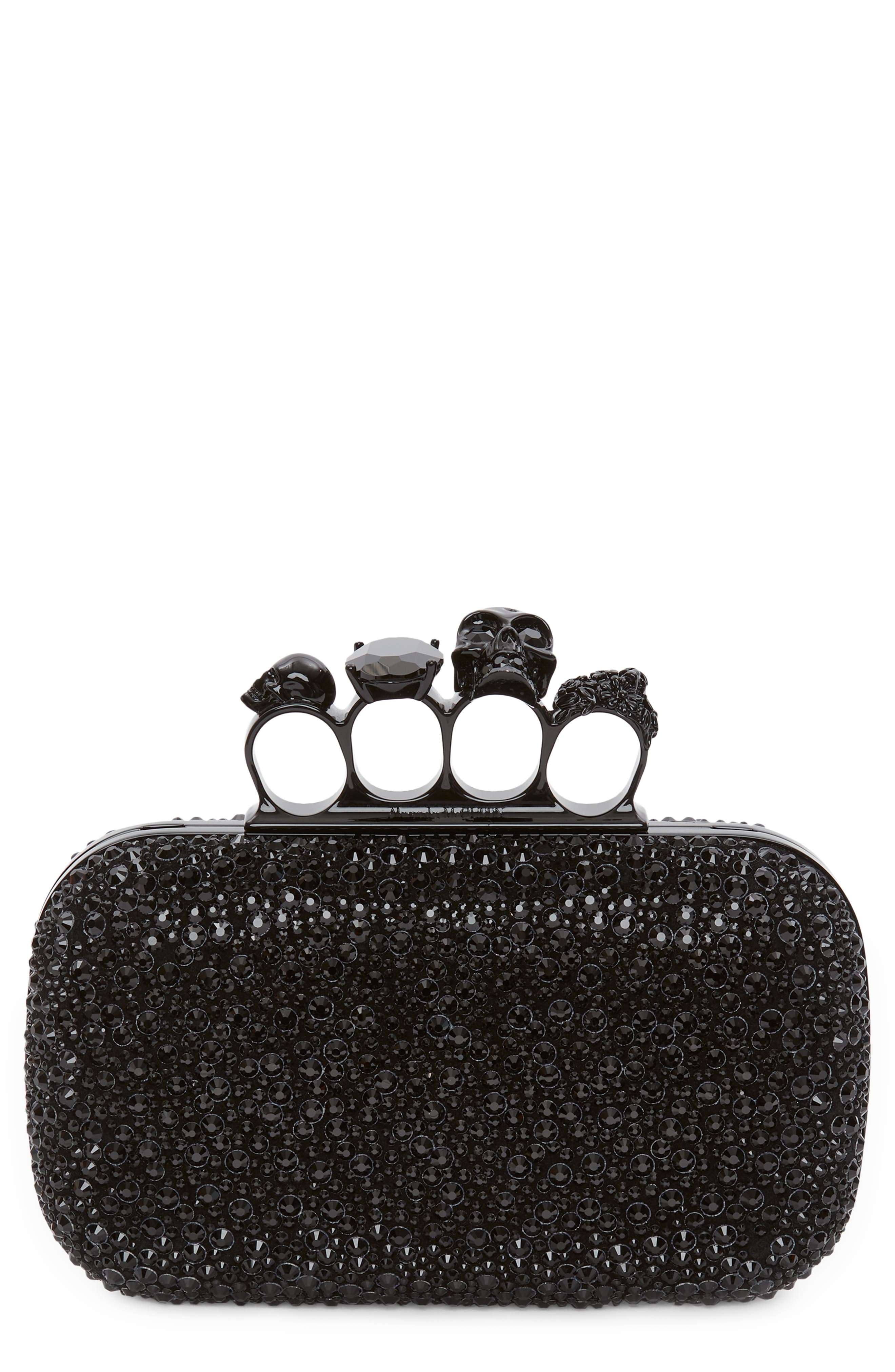 McQueen Skull Crystal Embellished Four-Ring Box Clutch, Main, color, 
