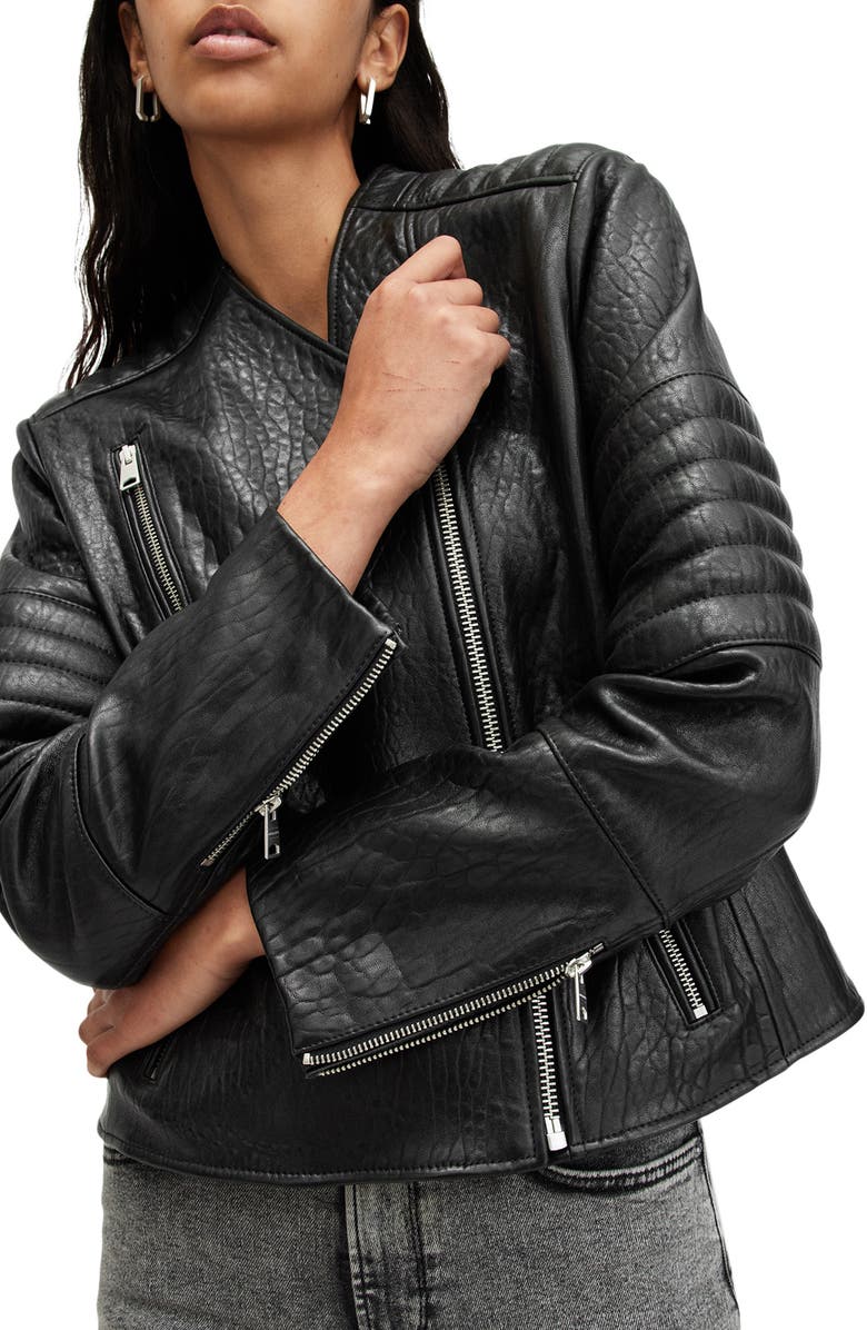 AllSaints Cawley Leather Biker Jacket, Alternate, color, Black