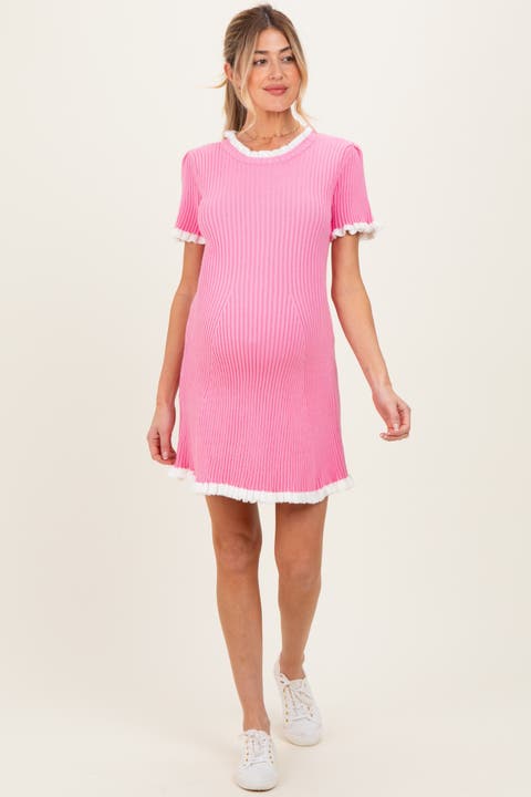 Ribbed Knit Ruffle Trim Mini Dress