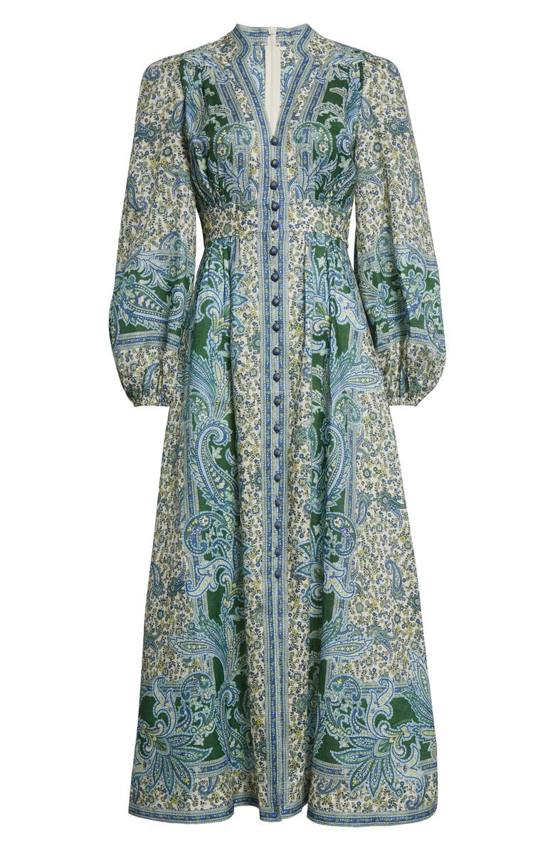 Zimmermann Ottie Paisley Long Sleeve Linen Midi Dress, Alternate, color, 