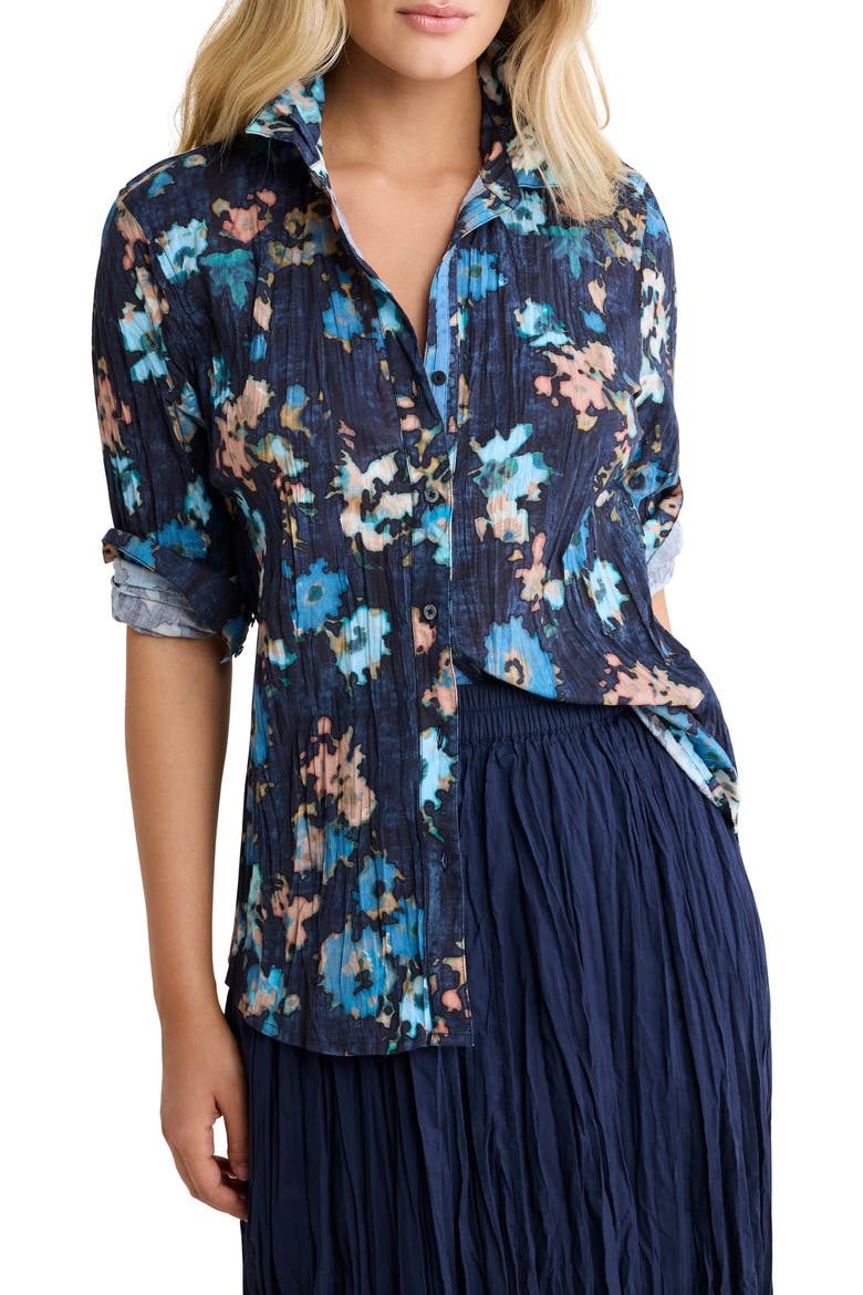 Glowy Floral Button-Up Cotton Crinkle Shirt, Main, color, INDIGO MULTI