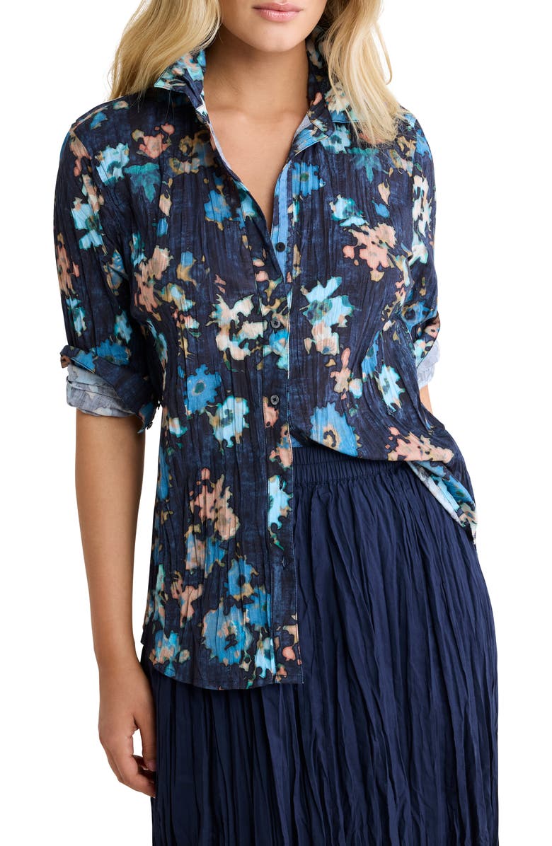 NZ BY NIC & ZOE Glowy Floral Button-Up Cotton Crinkle Shirt, Main, color, Indigo Multi