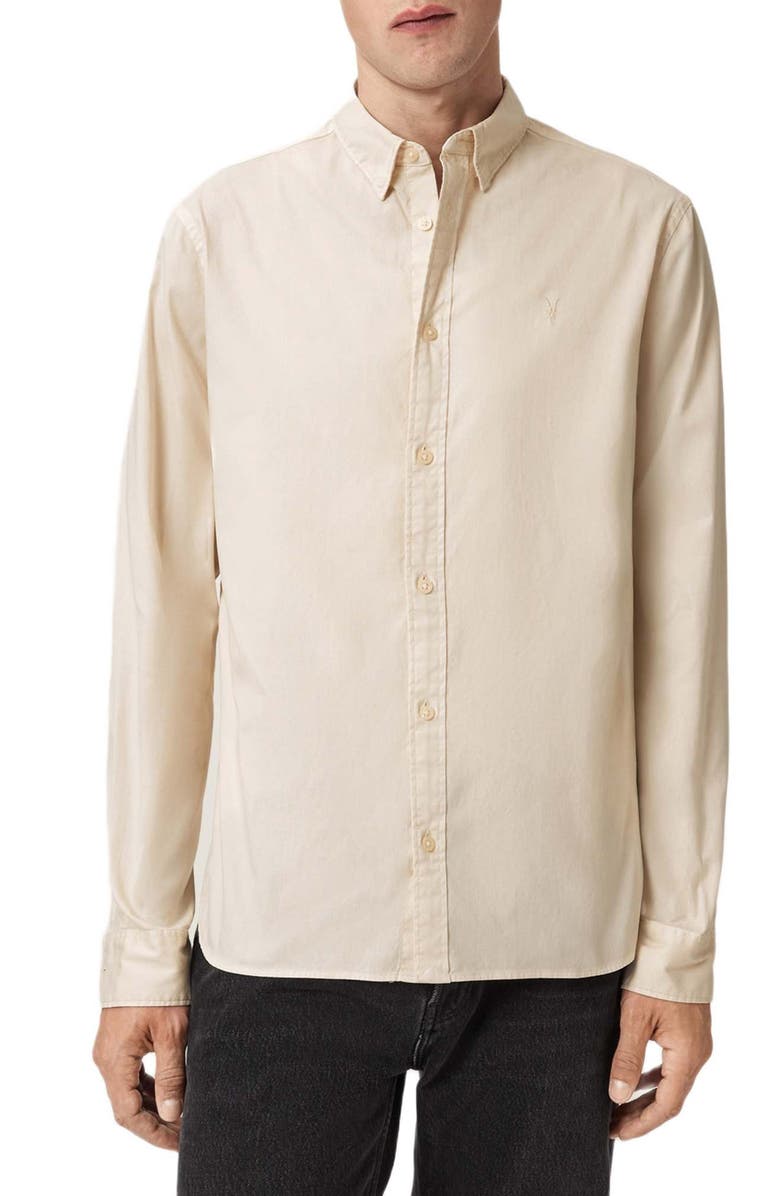 AllSaints Hawthorne Solid Stretch Cotton Button-Up Shirt, Main, color, Soap White