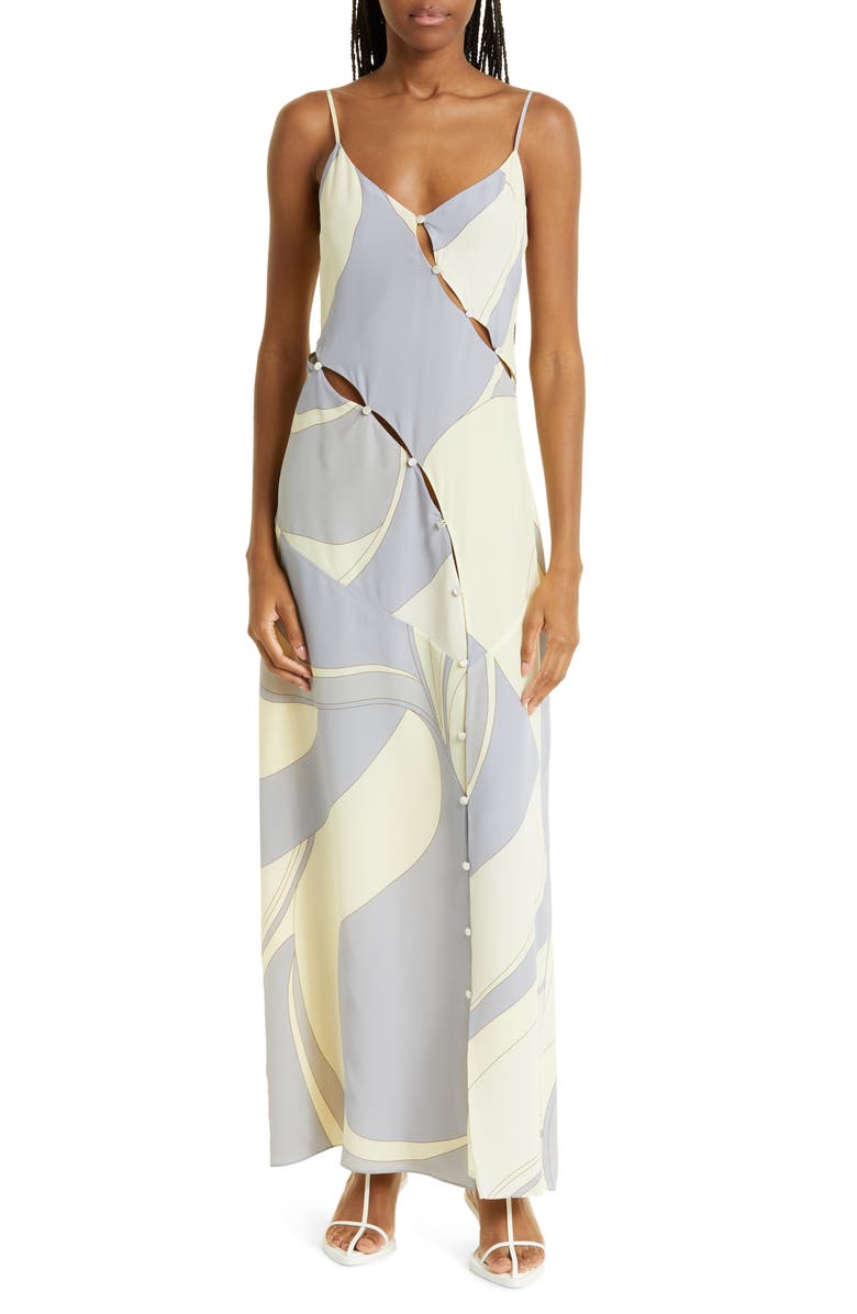 SIR Adrianna Keyhole Cutout Silk Maxi Slipdress, Main, color, Cesco Print