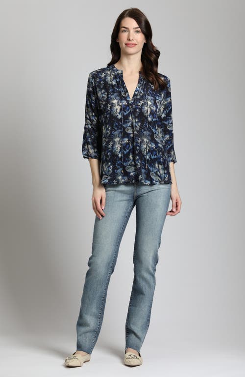 Apny Print Tassel Split Neck Chiffon Top In Navy Blue Multi